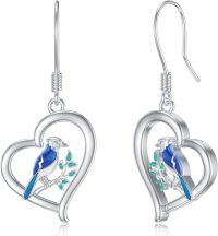 wholesale 925 Sterling Silver Blue Jay and Bird in Heart Shape Drop Earrings-blue jay