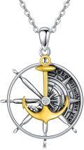 wholesale 925 Sterling Silver Anchor & Compass Pendant Necklace with Yellow Gold Plating and Cubic Zirconia Accent for Women/Men-0-0