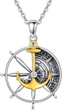 wholesale 925 Sterling Silver Anchor & Compass Pendant Necklace with Yellow Gold Plating and Cubic Zirconia Accent for Women/Men-03-Compass