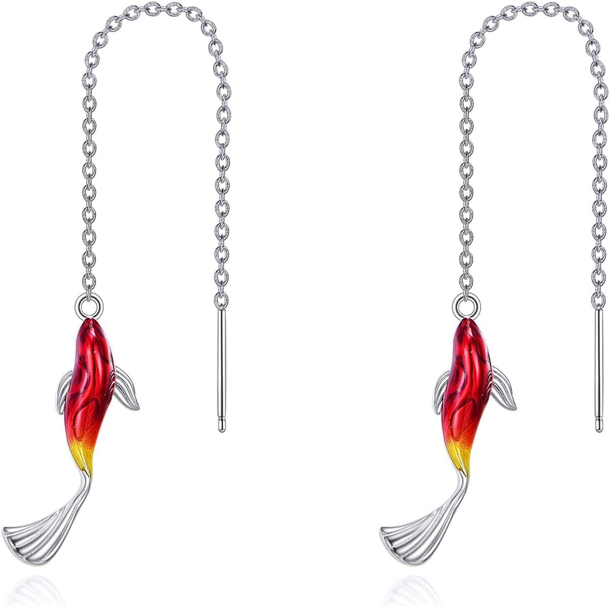 925 Sterling Silver Red Fish Drop Threader Earrings for Women and Girls-0-0