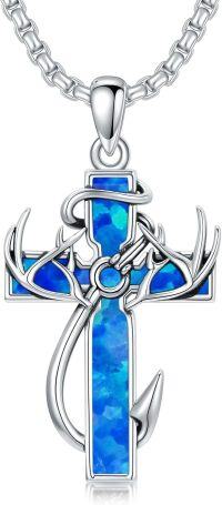 wholesale Sterling Silver Deer Antler Cross Necklace for Men Hunting Jewelry Gift-2-14-Blue Opal