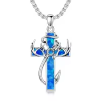 wholesale 925 Sterling Silver Black Enamel Deer Antlers Cross Pendant Necklace with Stainless steel chain for Men -2-14-Blue Opal