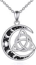 wholesale 925 Sterling Silver Triquetra Pendant with Crescent Moons and Stars on Black Stone Chain - 3D Design Jewelry for Women-0-0