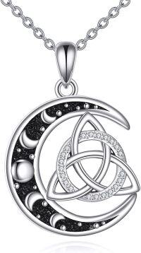 wholesale 925 Sterling Silver Triquetra Pendant with Crescent Moons and Stars on Black Stone Chain - 3D Design Jewelry for Women-Celtic Knot