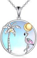 wholesale 925 Sterling Silver Pink Crystal Flamingo & Coconut Palm Tree Pendant Necklace for Women-0-0