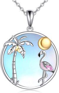 wholesale 925 Sterling Silver Pink Crystal Flamingo & Coconut Palm Tree Pendant Necklace for Women-Palm Tree Flamingo