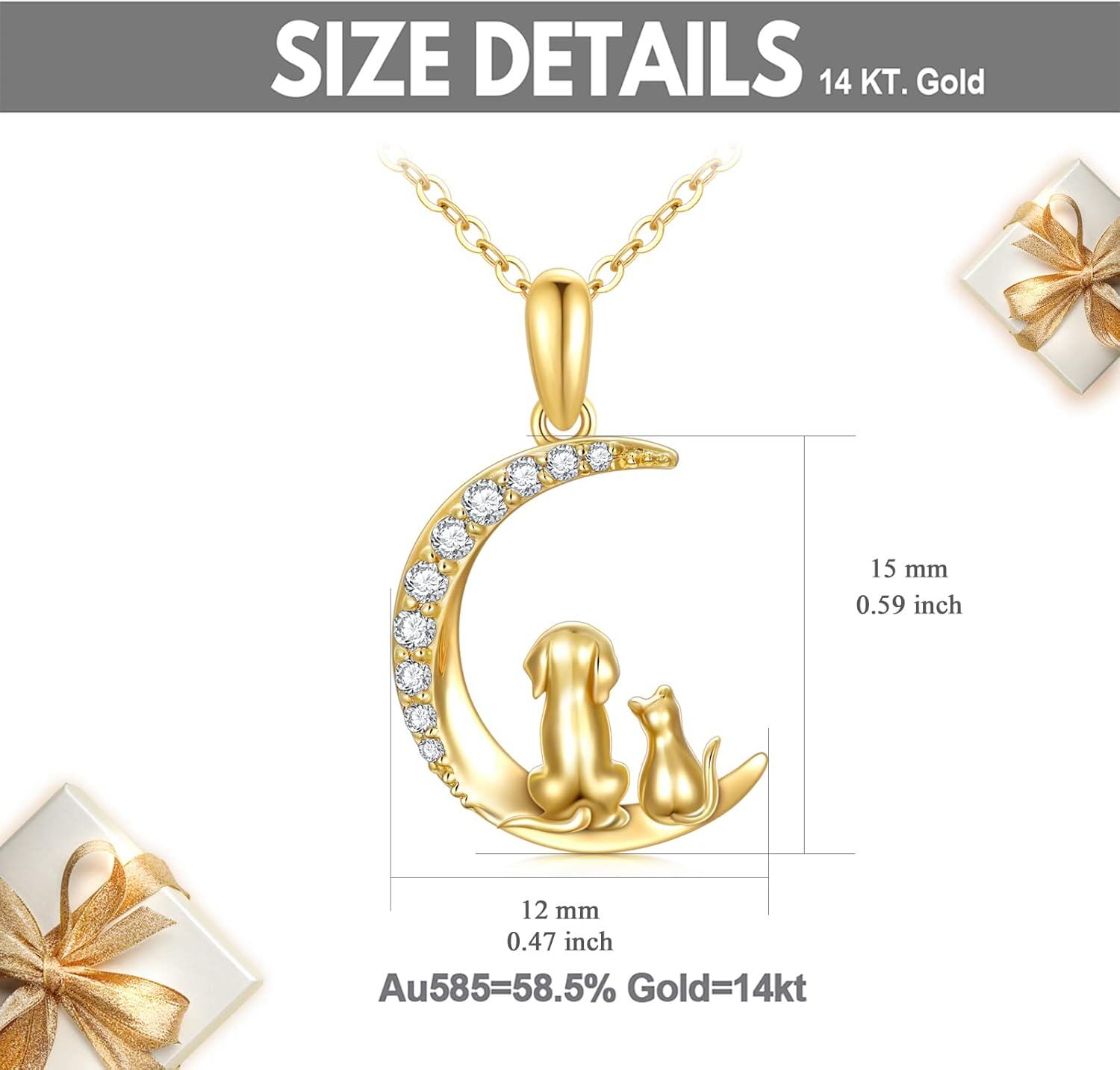 wholesale 14K Gold Crescent Moon with Dog and Cat Charm Necklace for Women - Pet Lover Gifts-0-1