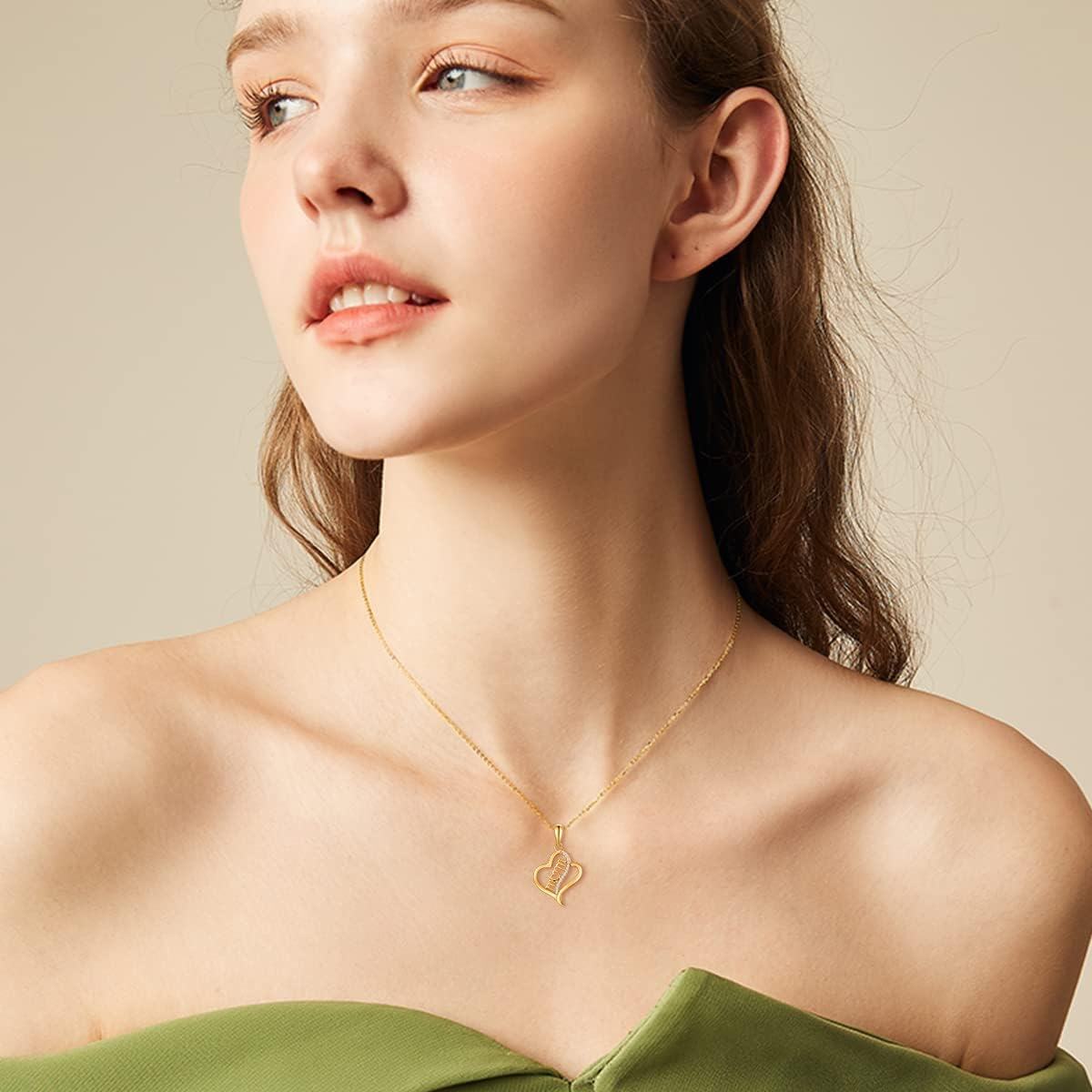 wholesale 14K Gold Mom Heart Pendant Necklace with Cubic Zirconia - Gift for Mother's Day-0-2
