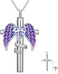 wholesale Sterling Silver Birthstone Angel Wing Cross Rose Heart Cremation Urn Necklace for Women with Funnel Kit ( chars)-Cross Personalized 06-June-Purple Amethyst