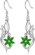 wholesale 925 Sterling Silver Green Crystal Hummingbird Flower Dangle Drop Earrings-0-0
