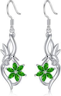 wholesale 925 Sterling Silver Green Crystal Hummingbird Flower Dangle Drop Earrings-E05-Hummingbird