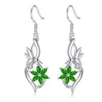 wholesale 925 Sterling Silver White Gold Plated Hummingbird Green Crystal Flower Drop Earrings-E05-Hummingbird
