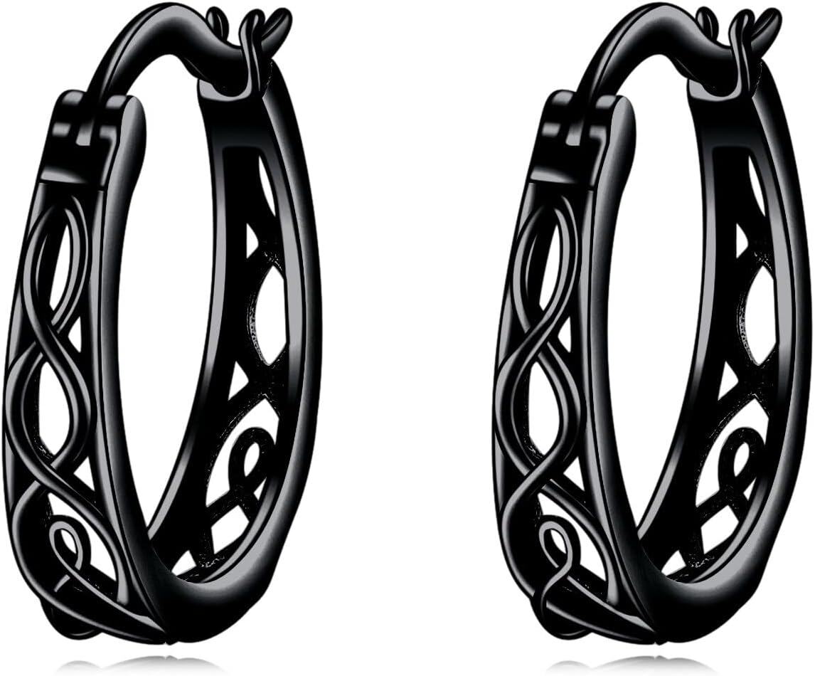 Sterling Silver Hypoallergenic Small Hoop Sun Leaf Triangle Huggie Earrings for Women-Celtic Knot-Black-Celtic Knot-Black