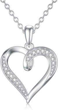wholesale 14K Gold Open Heart with Cubic Zirconia Pave Set Pendant Necklaces for Women 18 Chain Length-White Gold