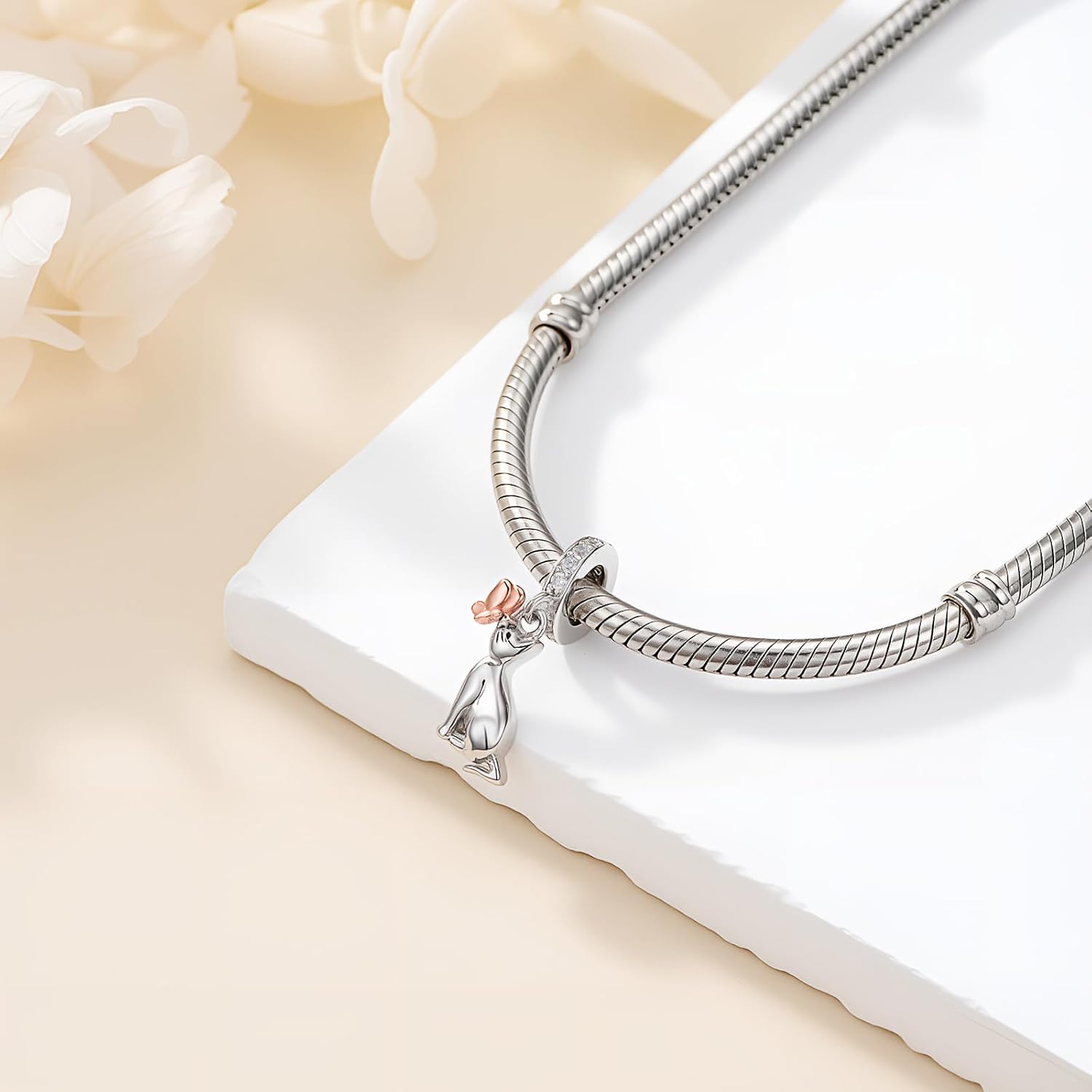 wholesale 925 Sterling Silver Cat with Rose Gold Flower and CZs Dangle Charm Pendant for Bracelet Necklace Jewelry Making Supplies Gifts Women Girls Kids Teens-0-2
