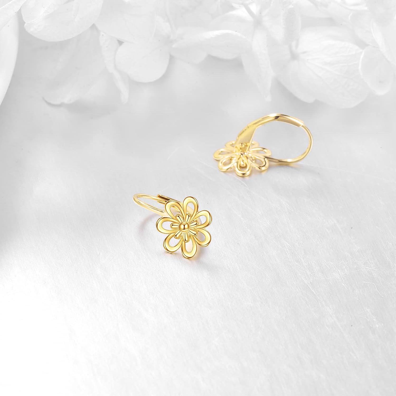 14K Yellow Gold Daisy Flower Leverback Dangle Hoop Earrings Jewelry for Women Teens Girls Christmas Birthday Gifts-0-3