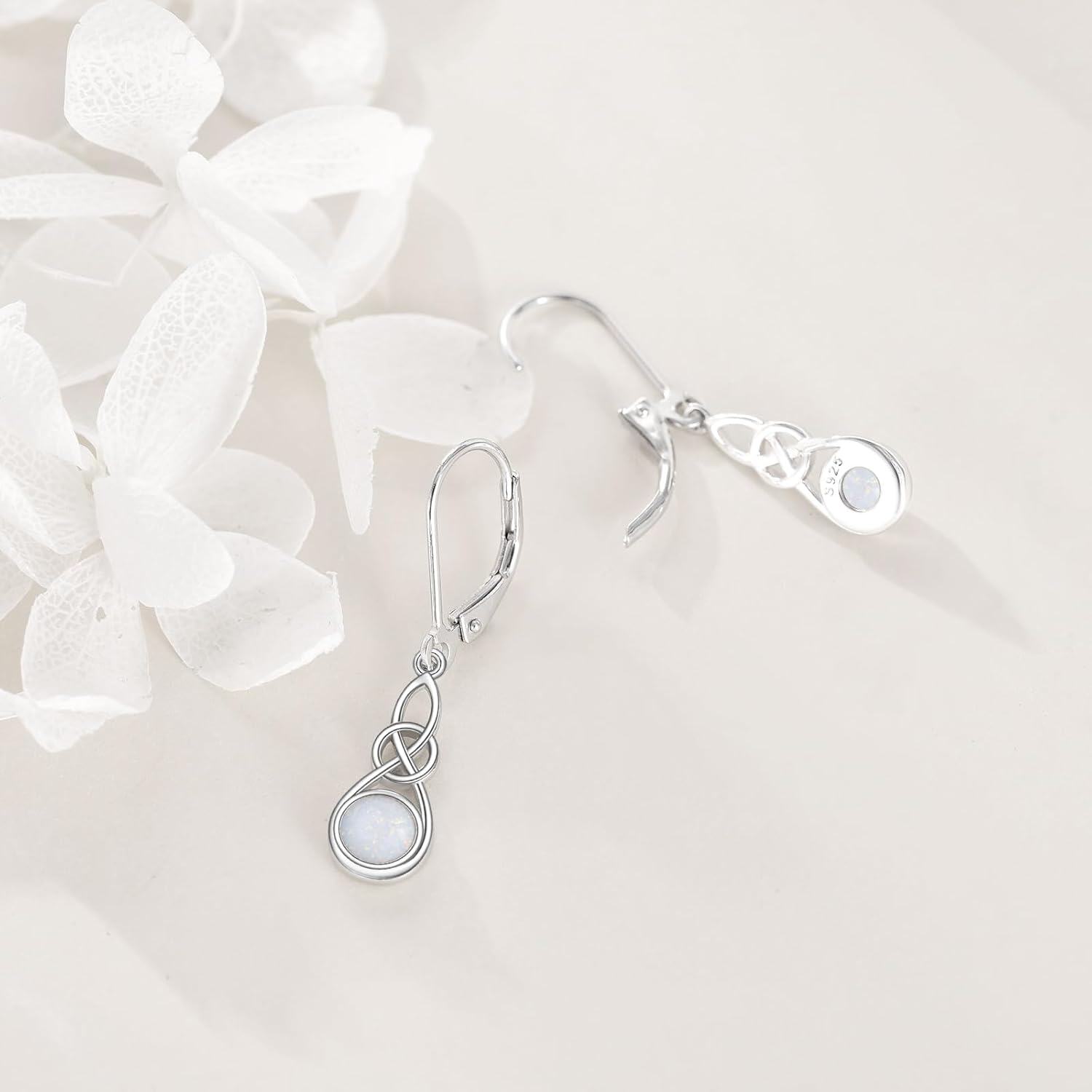 925 Sterling Silver Opal Celtic Knot Leverback Drop Dangle Earrings for Women Girls Irish s 4cm Long-0-2