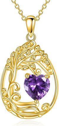 wholesale Sterling Silver Yellow Gold Plated Gemstone Tree of Life Pendant Necklace-02-Feb-Amethyst
