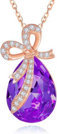wholesale 925 Sterling Silver Crystal Bow Teardrop Birthstone Pendant Necklace-02-Feb-Amethyst Purple