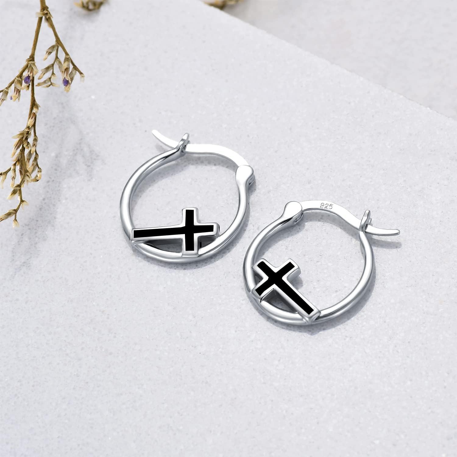 925 Sterling Silver Black Enamel Cross Huggie Hoop Earrings for Women and Girls-0-1