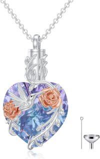wholesale 925 Sterling Silver Heart Shaped Rose and Hummingbird Memorial Keepsake Urn Necklace with Funnel & Fill Tool - Cremation Jewelry for Ashes-Hummingbird Crystal-3