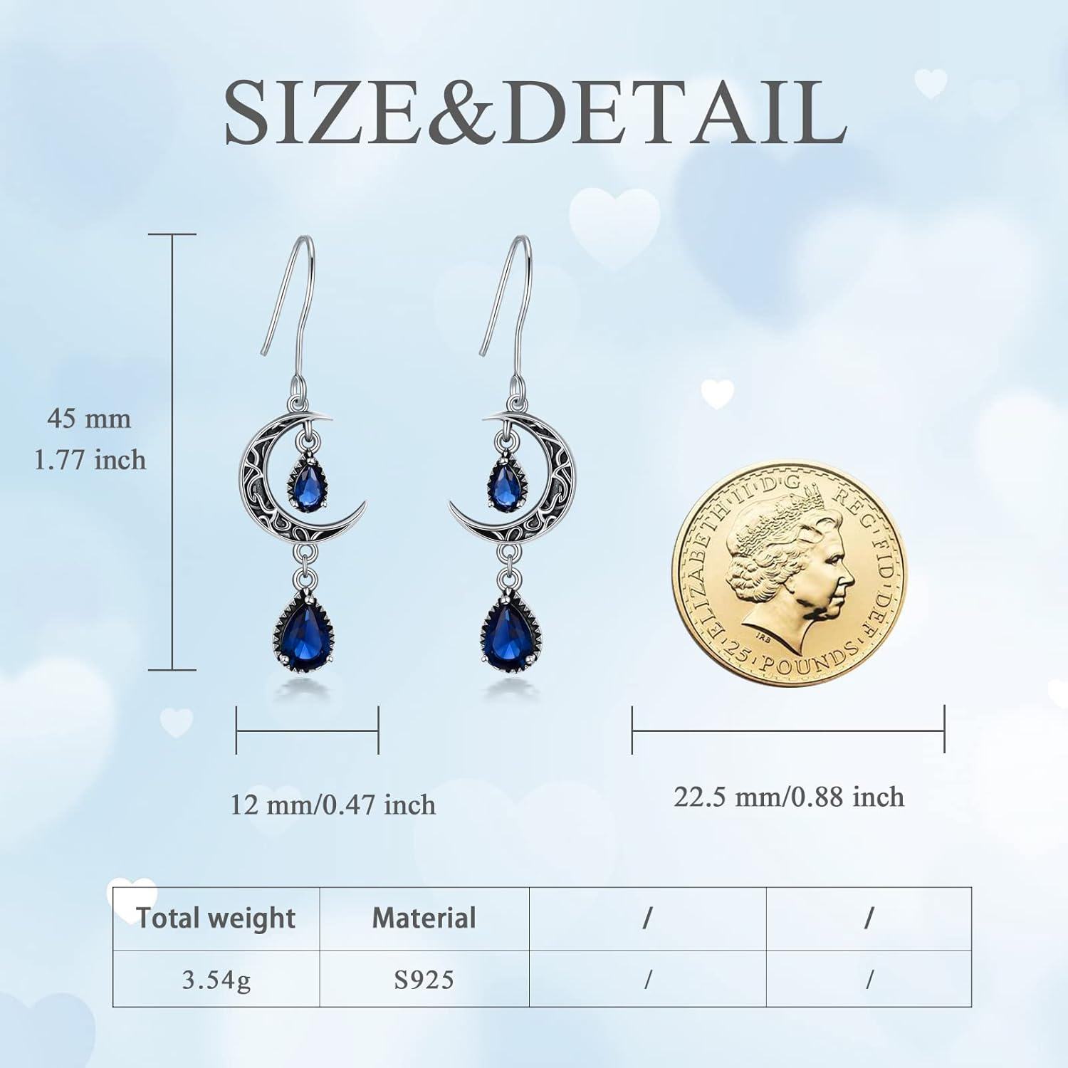 925 Sterling Silver Crescent Moon Drop Earrings with Blue Stones and Antique Finish-0-4