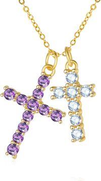 wholesale 14K Gold Sterling Silver Birthstone Double Cross Necklace for Women-02-03-Feb-Mar