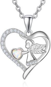 wholesale 925 Sterling Silver Opal Heart Angel Pendant - Cute Guardian Angel Necklace  for Women & Daughters-Opal