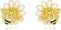 wholesale Gold 925 Sterling Silver Honeybee Flower Stud Earrings with Crystal Accents-0-0