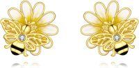 wholesale Gold 925 Sterling Silver Honeybee Flower Stud Earrings with Crystal Accents-Bee daisy stud earrings