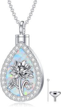 wholesale Sterling Silver Opal Birth Flower Urn Necklace for Ashes 12 Month Memorial Jewelry-07-July-Lotus-07-July-Lotus+Text