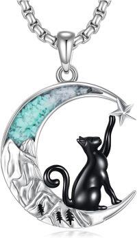 wholesale 925 Sterling Silver Turquoise Cat on the Moon Star Pendant Necklace-Cat