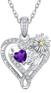 wholesale  Sterling Silver Daisy Heart Birthstone Necklace for Women -02-04-Feb-Apr