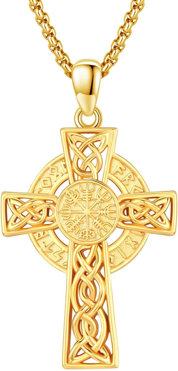 Gold 925 Sterling Silver Norse Vegvisir Compass Pendant with Valknut and Knotwork Design Chain Necklace for Men & Women-0-0