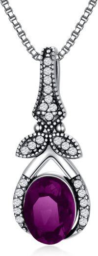 wholesale Sterling Silver Crystal Vintage Necklace 925 Retro Oxidized Dainty Pendant w 8 6 Oval Birthstone Women s Gift-Purple