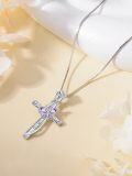 wholesale 925 Sterling Silver Cross with Purple Crystal Butterfly Pendant Necklace for Women-0-1