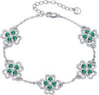 wholesale 925 Sterling Silver Green Crystal Clover Bracelet - Unique 4-Leaf Luck Charm Fashion  for Her-Four Leaf Clover