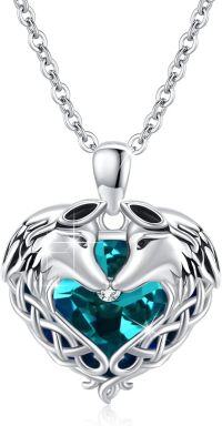 wholesale 925 Sterling Silver Heart-Shaped Blue Crystal Celtic Horses Pendant Necklace Gift for Women-Celtic Wolf Crystal Necklace