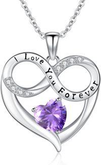 wholesale 925 Sterling Silver 12 Month Birthstone Necklace for Women I Love You Forever Engraved Heart Pendant 18 +2 Chain Valentine Mother s Day Birthday Christmas Gift-02-Feb-Lab Created Amethyst