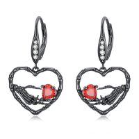 wholesale 925 Sterling Silver Blackened Skeleton Hand with Red Crystal Heart Gothic Drop Earrings Gift for Her-Black Gold Plated