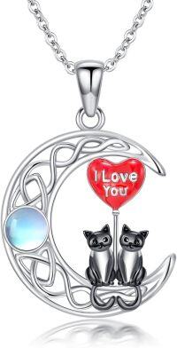wholesale 925 Sterling Silver Moonstone Cat Family Love Heart Balloon Pendant Necklace for Women-White Gold