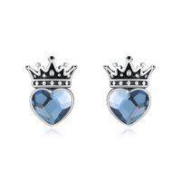 wholesale 925 Sterling Silver Heart Crown Stud Earrings Wholesale Blue Crystal-Blue