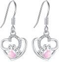 wholesale 925 Sterling Silver Heart Paw Print Pink Stone Drop Earrings-0-0