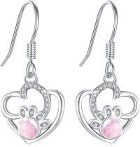 wholesale 925 Sterling Silver Heart Paw Print Pink Stone Drop Earrings-Cat Paw Earrings