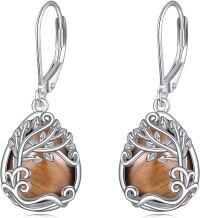 wholesale Sterling Silver Moonstone Leverback Teardrop Dangle Earrings for Women-KK-Tree of Life Tiger Eye Stone