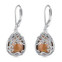 wholesale 925 Sterling Silver Tree Of Life Drop Earrings Wholesale With Green Stone-KK-Tree of Life Tiger Eye Stone