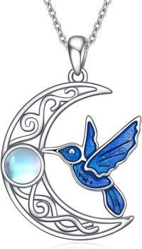 wholesale 925 Sterling Silver Blue Enamel Hummingbird & Moon Pendant Necklace for Women Girls Mom-Hummingbird Necklaces