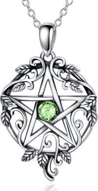 wholesale 925 Sterling Silver Pentagram Necklace with Birthstone Wiccan Tetragrammaton Gift for Women-08-Aug