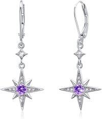 wholesale 925 Sterling Silver Star Amethyst Leverback Drop Dangle Earrings-February - Star Earrings