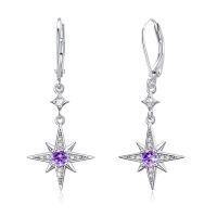 wholesale 925 Sterling Silver Purple Star Drop Earrings With Zirconia Accents-February - Star Earrings